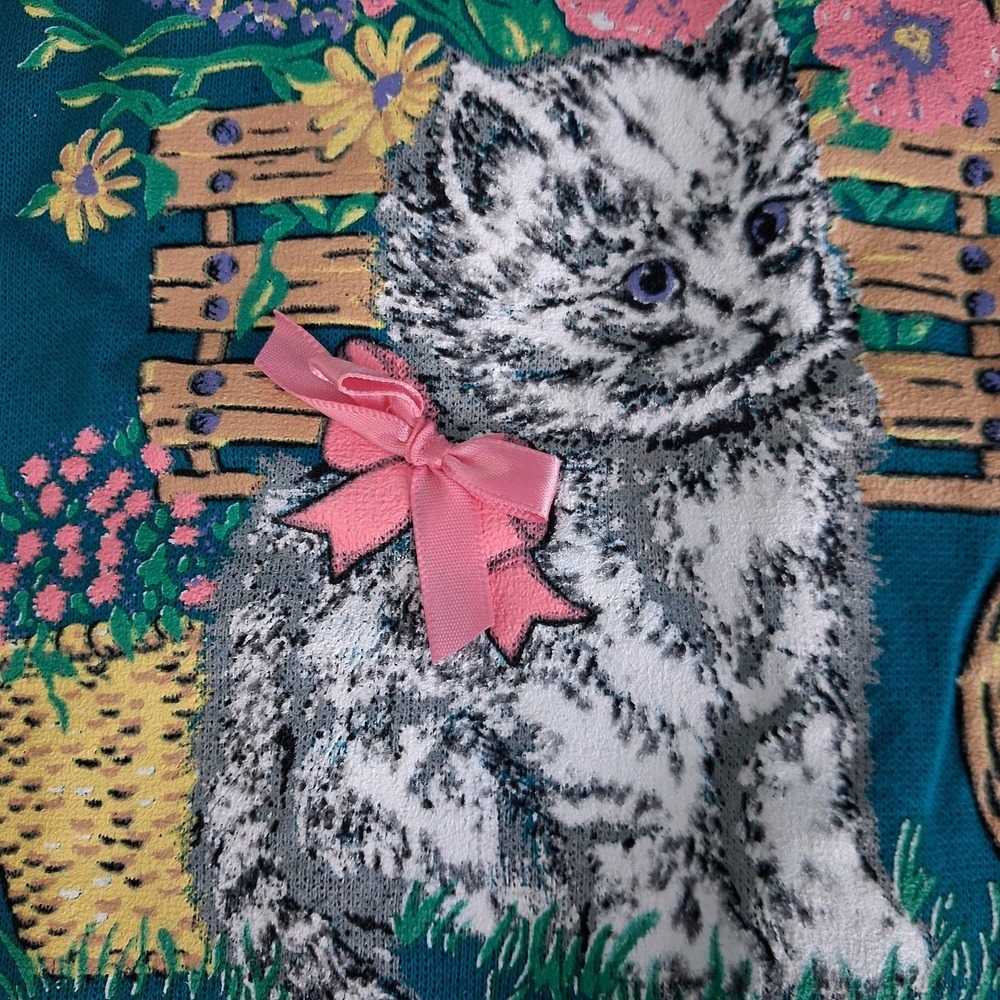 Vtg 90s Floral Cats Grandma Collared Sweatshirt Large L Womens Teal Bow Detail - Picture 9 of 14